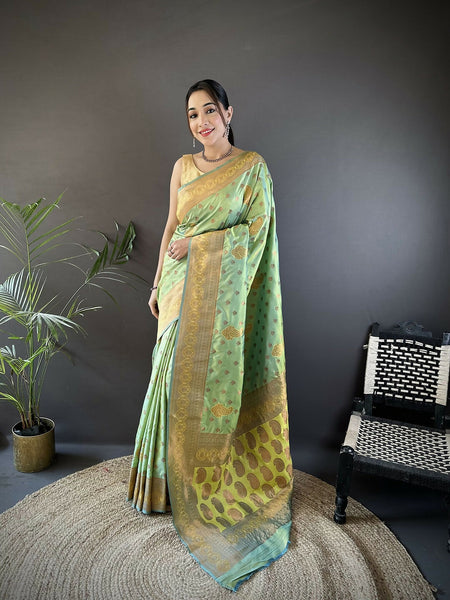 Joban Fashion Banarasi Light Green Woven Woven Soft Silk Saree