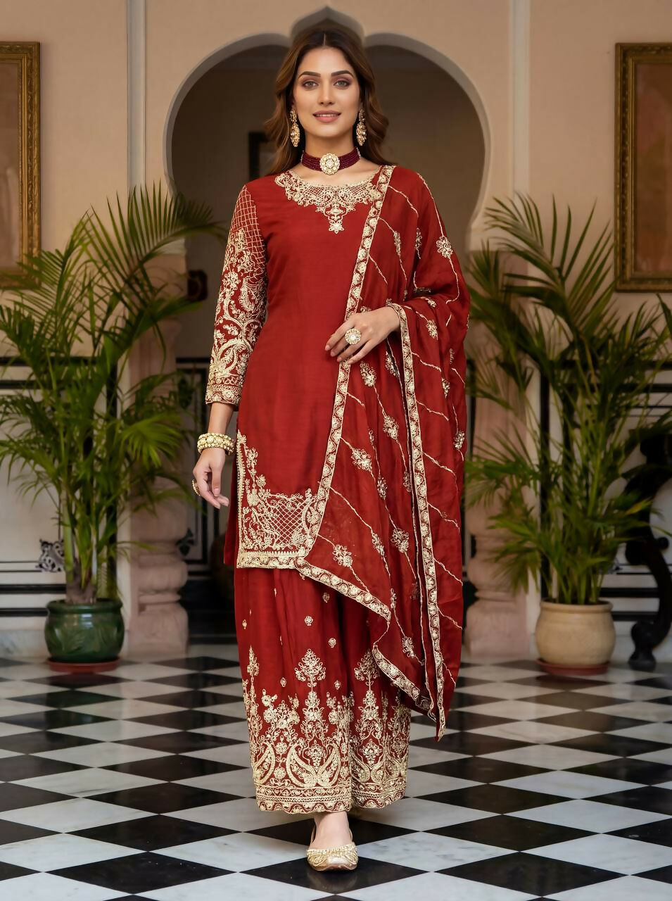 Joban Fashion Red Silk Embroidered Sharara Set - Distacart
