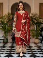 Thumbnail for Joban Fashion Red Silk Embroidered Sharara Set - Distacart