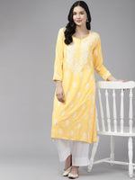 Thumbnail for ADA Floral Embroidered Lucknowi Chikankari Cotton Silk Straight Kurta - Distacart