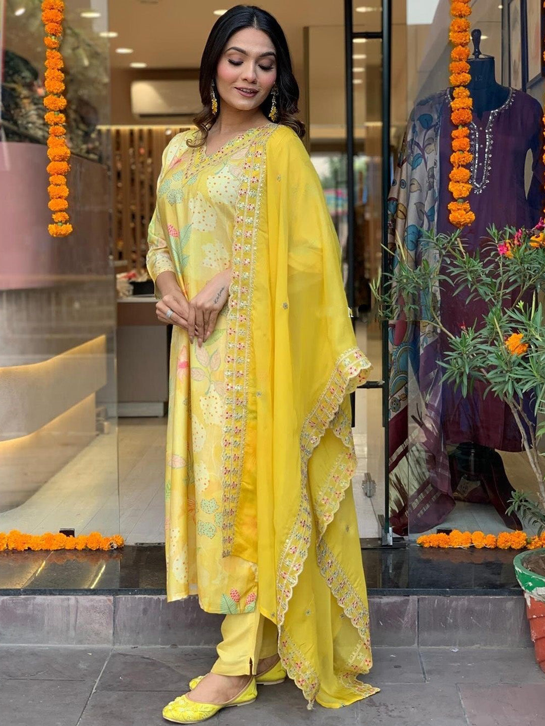 Kalini Floral Printed Sequinned Straight Kurta & Trousers With Dupatta - Distacart
