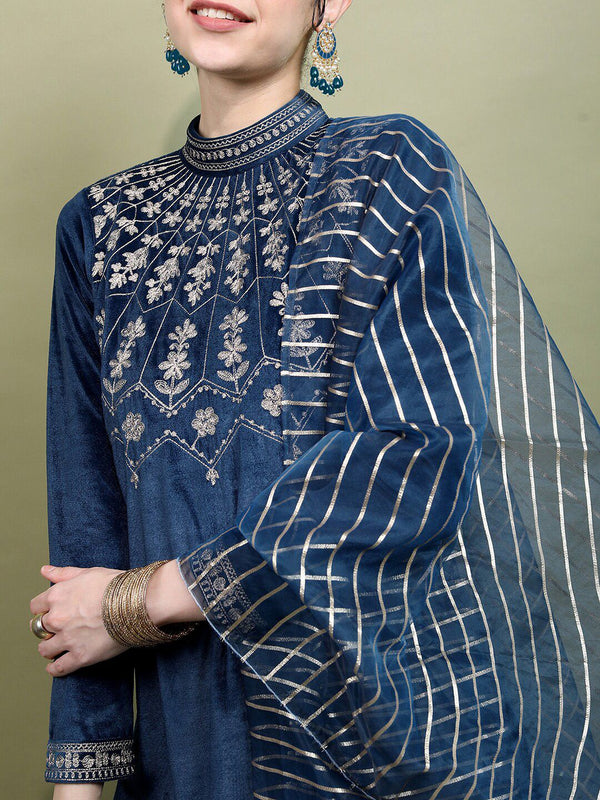 Vishudh Women Teal Embroidered Knited Velvet Kurta with Trousers & Dupatta