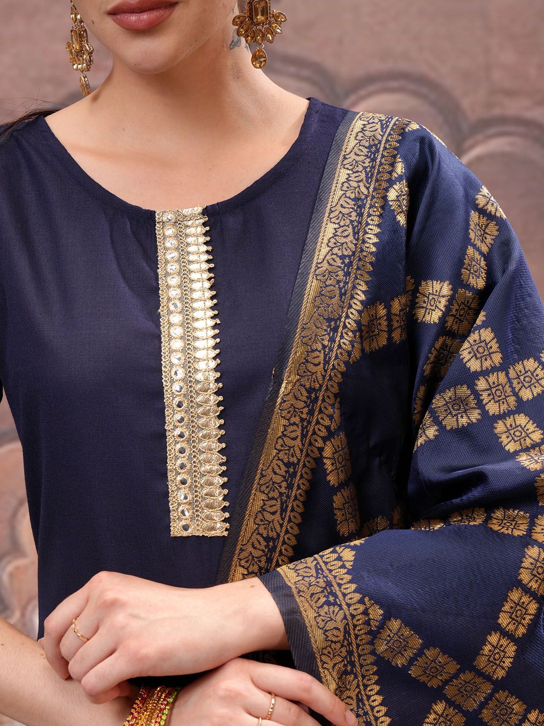 Vishudh Navy Blue Mirror Work Zari Straight Kurta with Palazzo & Dupatta - Distacart