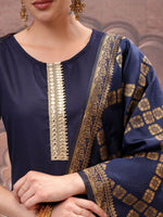 Thumbnail for Vishudh Navy Blue Mirror Work Zari Straight Kurta with Palazzo & Dupatta