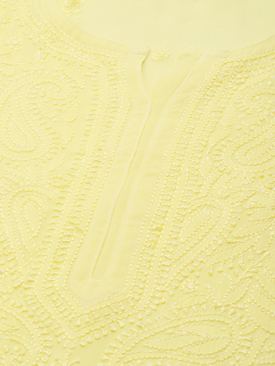 ADA Women Yellow Ethnic Motifs Embroidered Chikankari Georgette Handloom Kurta - Distacart