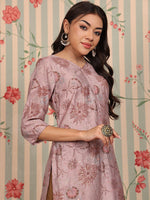 Thumbnail for Ode by House of Pataudi V Neck Floral Printed Regular Chanderi Silk Kurta with Trousers - Distacart