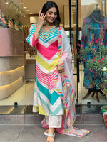 Thumbnail for Kalini Chevron Printed Beads & Stones Regular Kurta With Trousers & Dupatta - Distacart