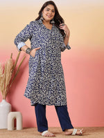Thumbnail for Sztori Plus Size Floral Printed Shirt Collar Roll-Up Sleeves Crepe Pathani Kurta