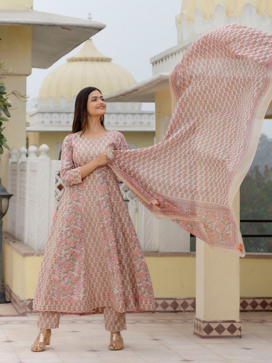 Anouk Floral Printed Empire Mirror Work Pure Cotton Kurta with Trousers & Dupatta