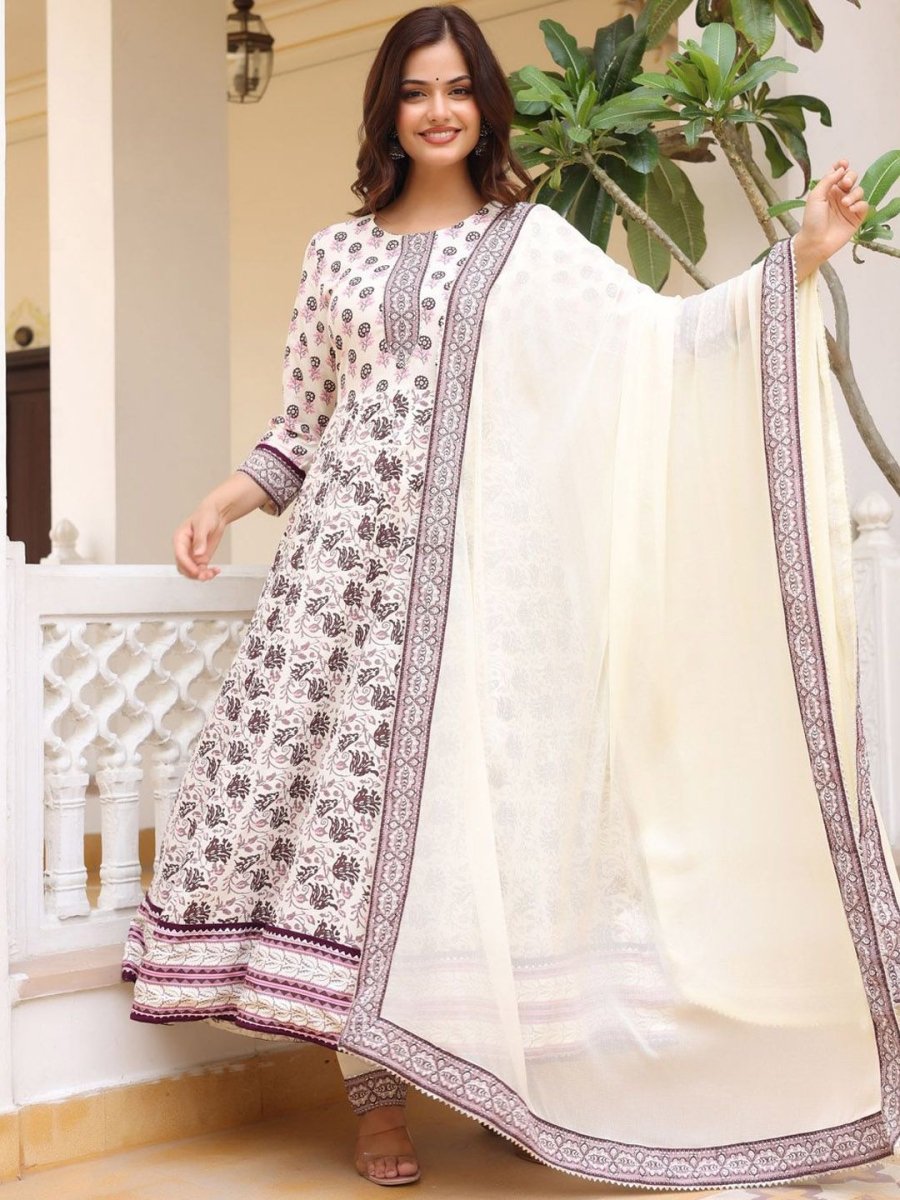 Anouk Floral Printed Round Neck Anarkali Kurta With Trousers & Dupatta