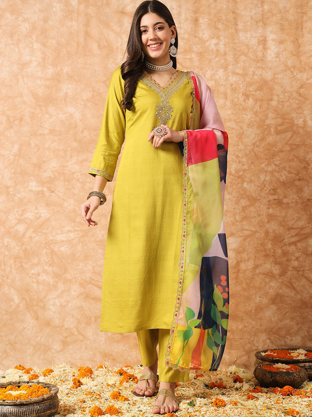 Kalini Floral Yoke Designed Regular Sequined Kurta With Trousers & Dupatta - Distacart