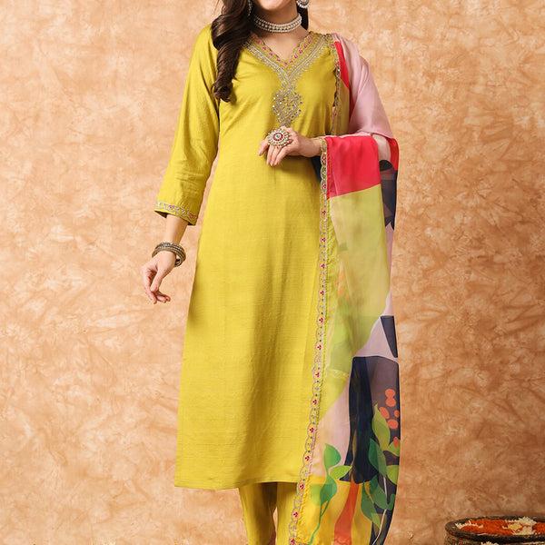 Kalini Floral Yoke Designed Regular Sequined Kurta With Trousers & Dupatta - Distacart