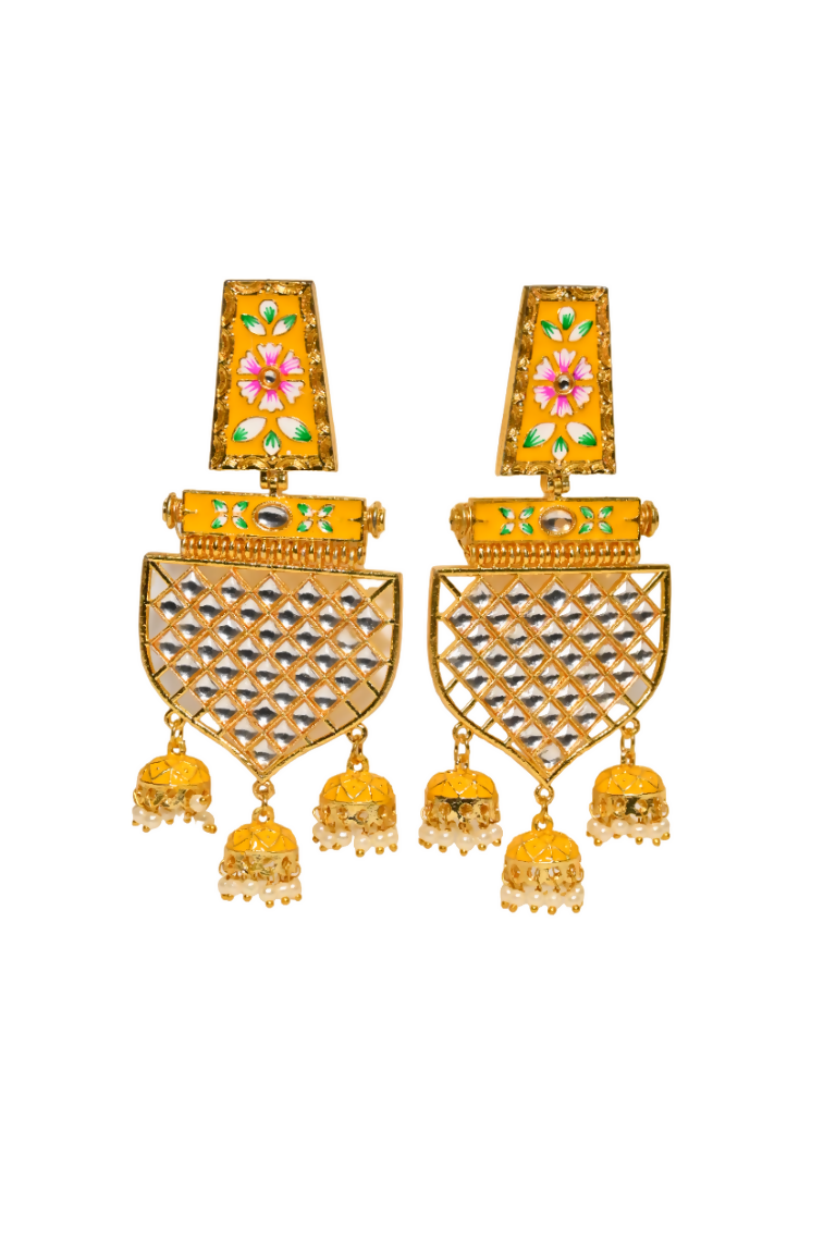 Yellow Traditional Gold-Polished Meenakari Jhumka Jhumki Earrings Indian Jewellery For Women Girls By House of Ree - Distacart