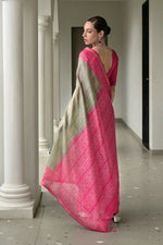 Thumbnail for Vishnu Weaves Women's Pink Soft Tussar Silk Printed Saree with Blouse