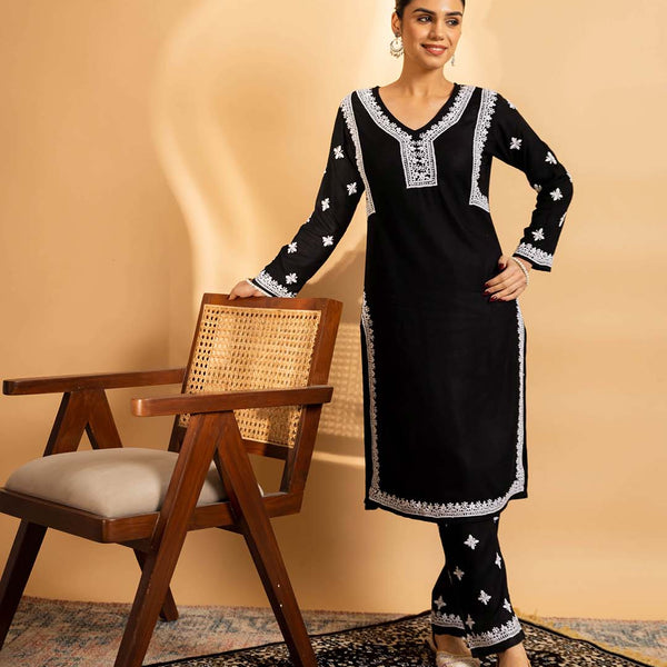 HOUSE OF KARI Floral Embroidered Chikankari Kurta With Trouser - Distacart