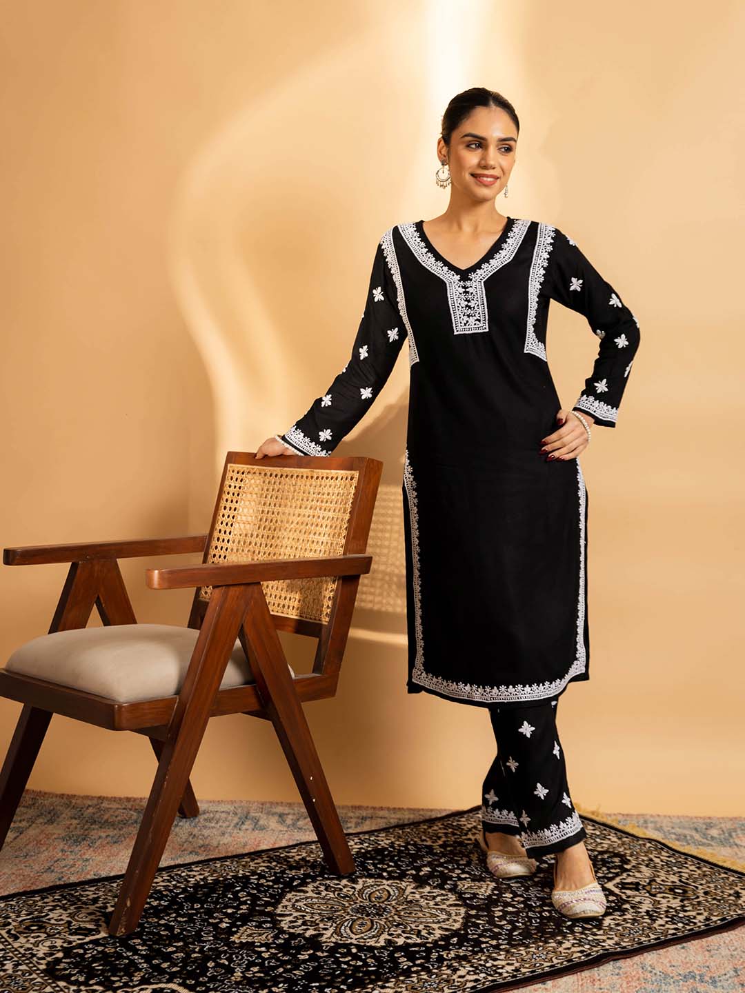 HOUSE OF KARI Floral Embroidered Chikankari Kurta With Trouser - Distacart