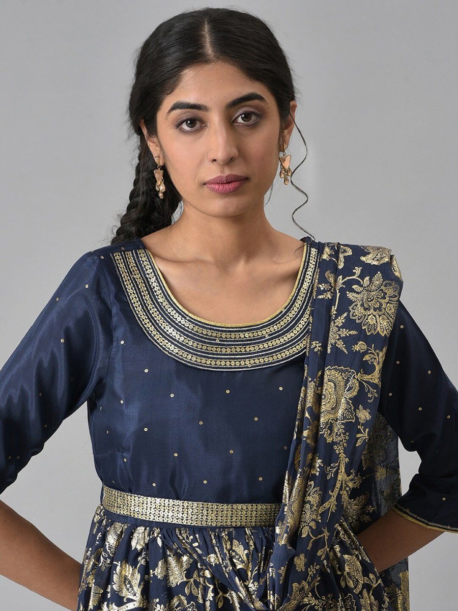 AURELIA Navy Blue Ethnic Motifs A-Line Midi Dress - Distacart