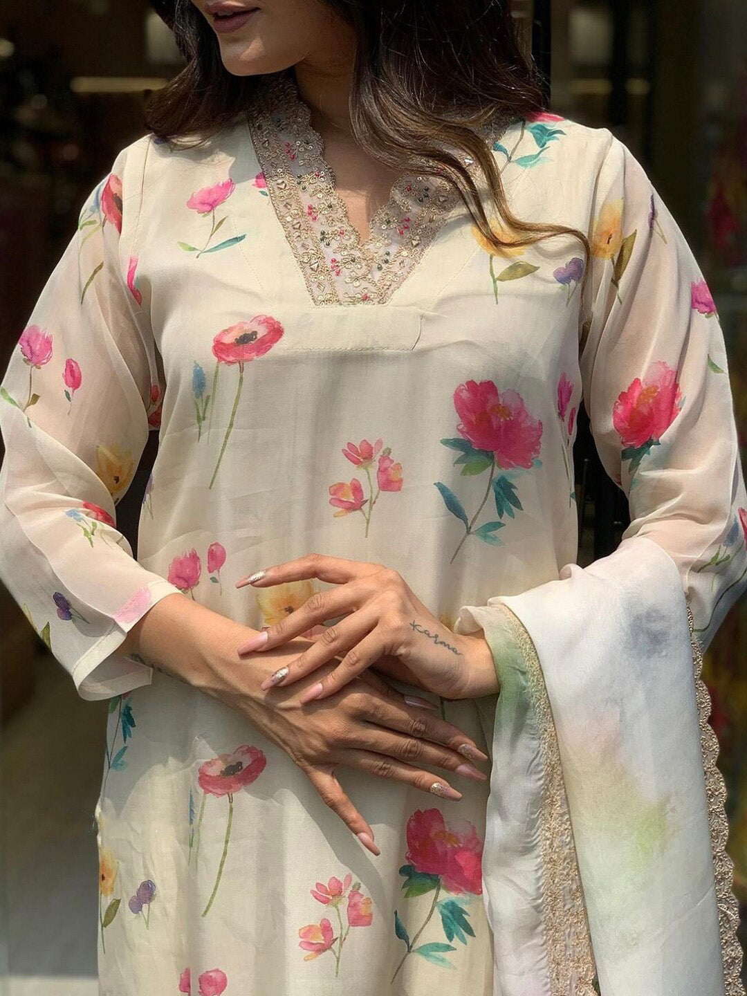 Kalini Floral Printed Sequinned Straight Kurta With Trouser & Dupatta - Distacart