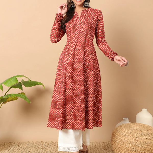 FIORRA Women's Floral Printed Red Cotton A-Line Kurta
