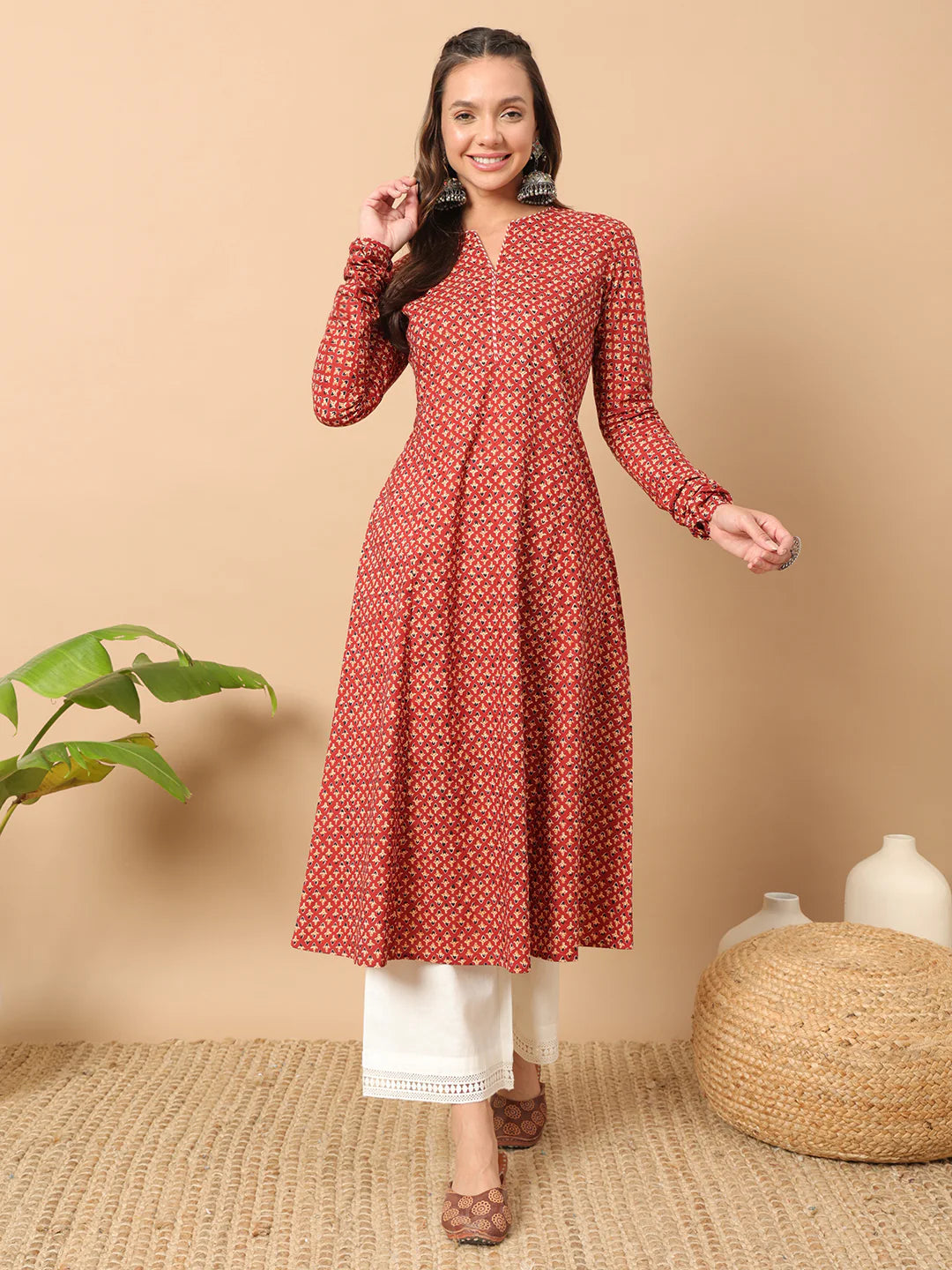 FIORRA Women's Floral Printed Red Cotton A-Line Kurta - Distacart