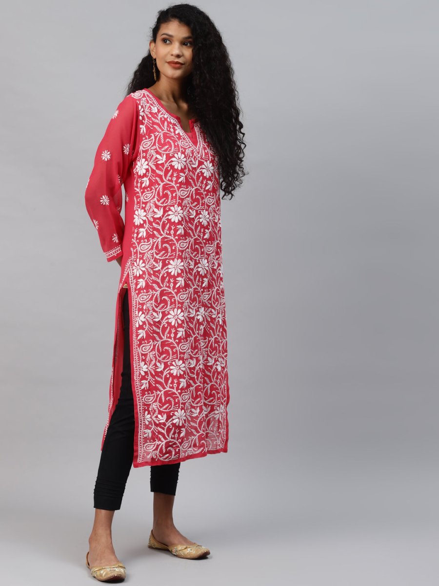 ADA Women Carrot Pink & White Floral Hand Embroidered Chikankari Handloom Kurta & Matching slip - Distacart