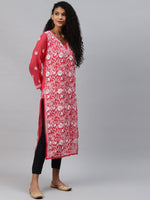Thumbnail for ADA Women Carrot Pink & White Floral Hand Embroidered Chikankari Handloom Kurta & Matching slip - Distacart