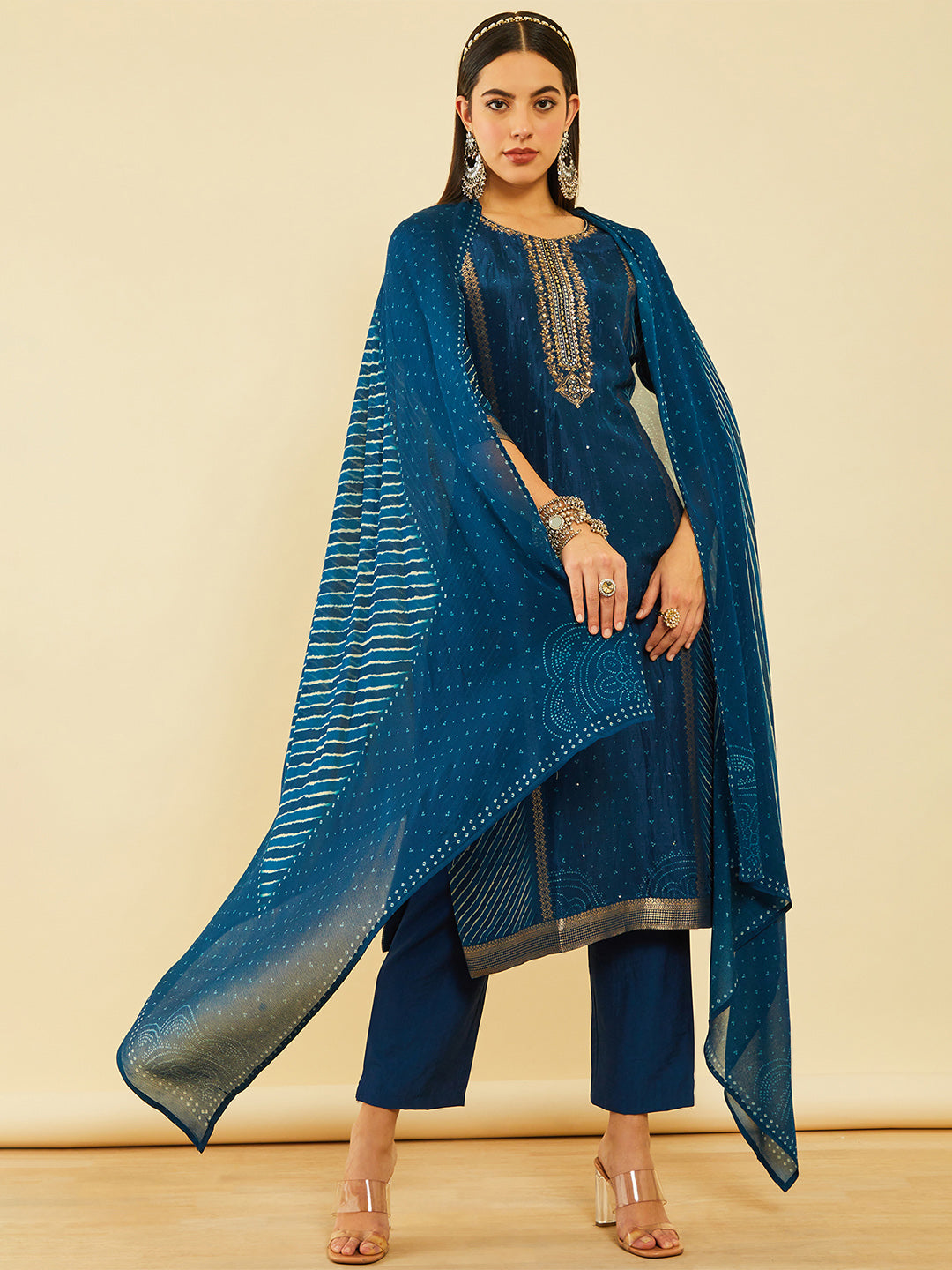 Soch Bandhani Printed Straight Kurta With Trousers & Dupatta - Distacart