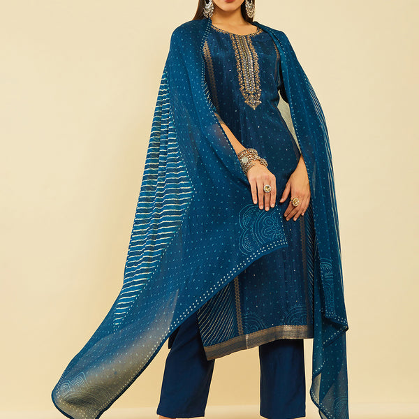 Soch Bandhani Printed Straight Kurta With Trousers & Dupatta - Distacart