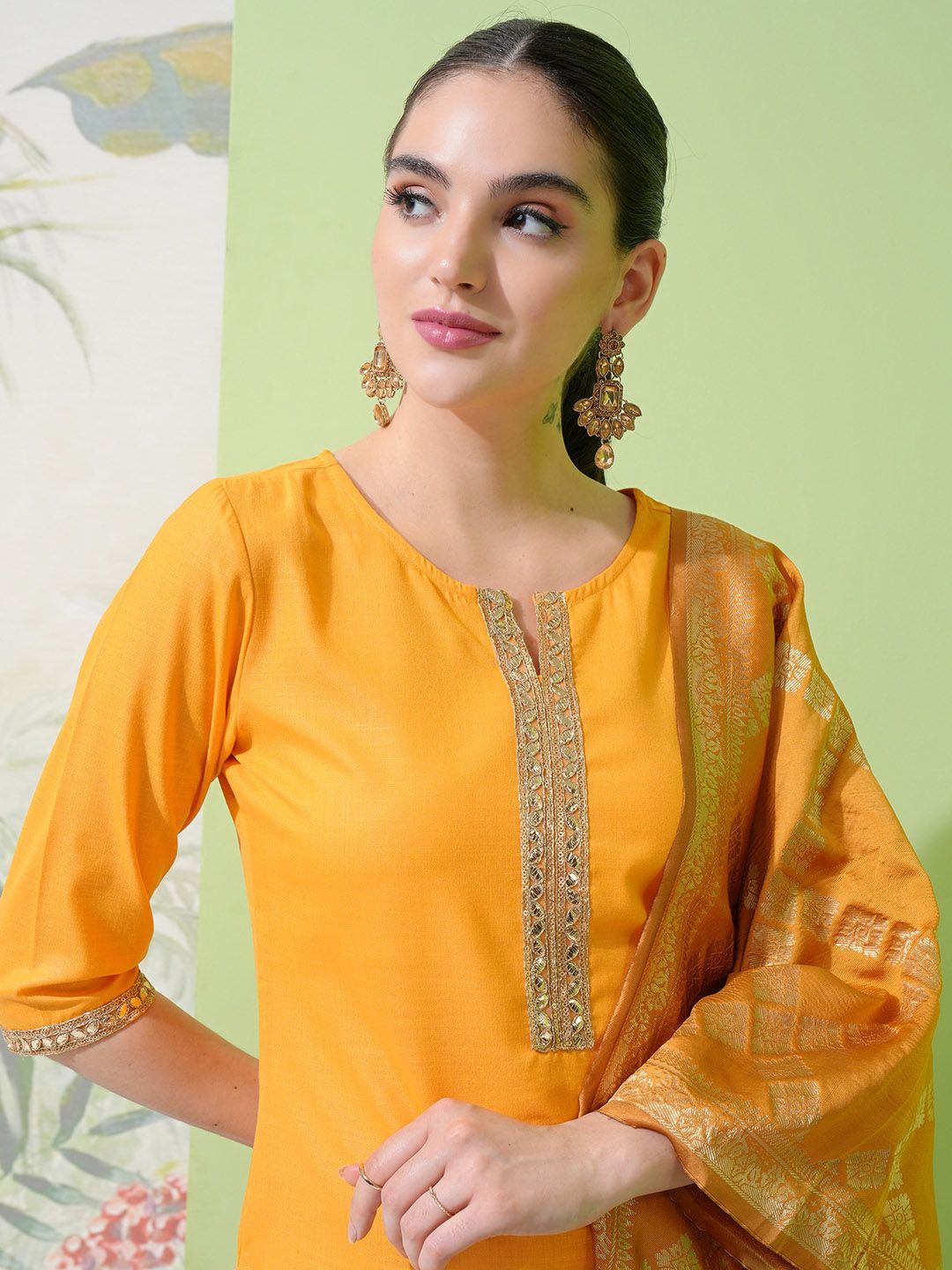 Vishudh Yellow Round Neck Embellished Straight Kurta & Palazzos With Dupatta - Distacart