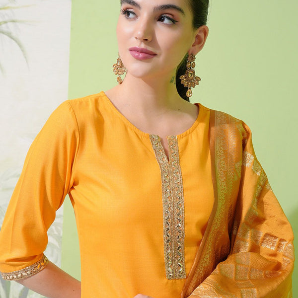 Vishudh Yellow Round Neck Embellished Straight Kurta & Palazzos With Dupatta - Distacart