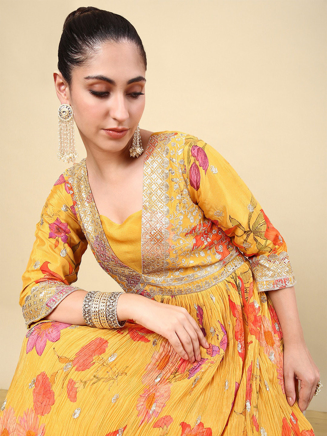 Soch Women Floral Embroidered Pleated Sequinned Kurta with Churidar & With Dupatta - Distacart