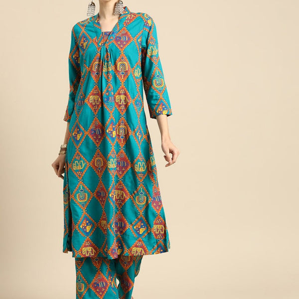 Anouk Women Teal Blue & Rust orange Ethnic Motifs Printed Pure Cotton Kurta with Palazzos - Distacart