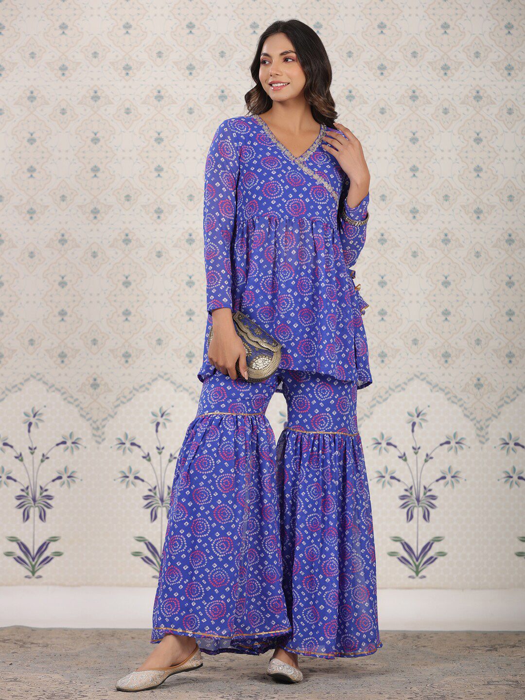 Ode by House of Pataudi Bandhani Printed Angrakha Gotta Patti Kurti with Sharara - Distacart