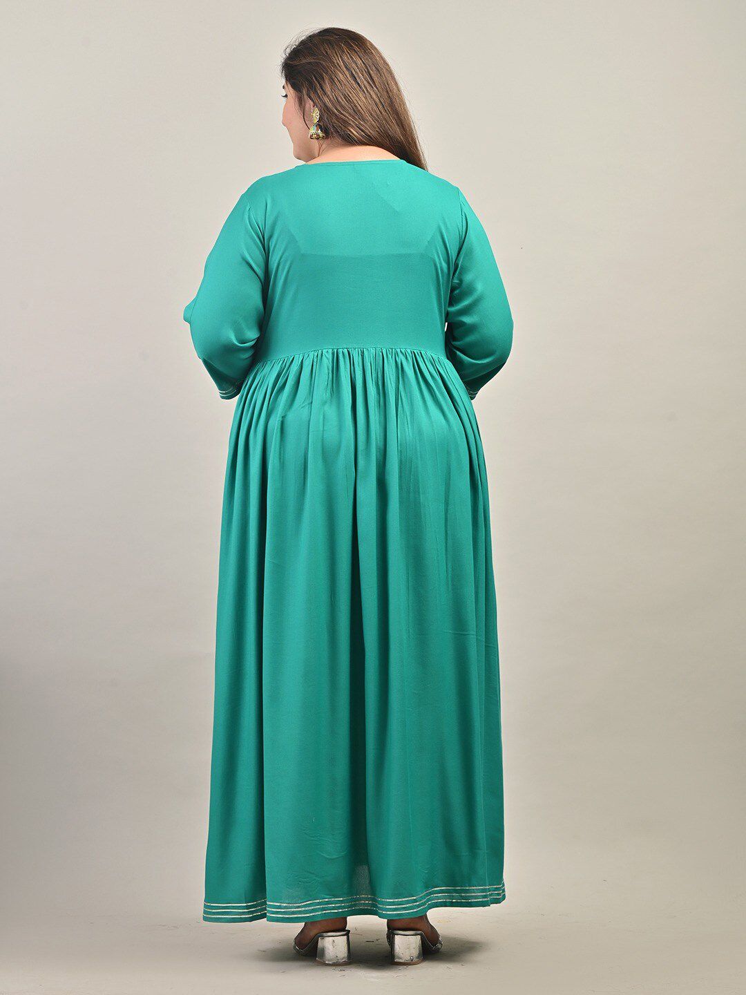 Swasti Plus Size Round Neck Gathered Ethnic Motifs Embroidered Gown Dress