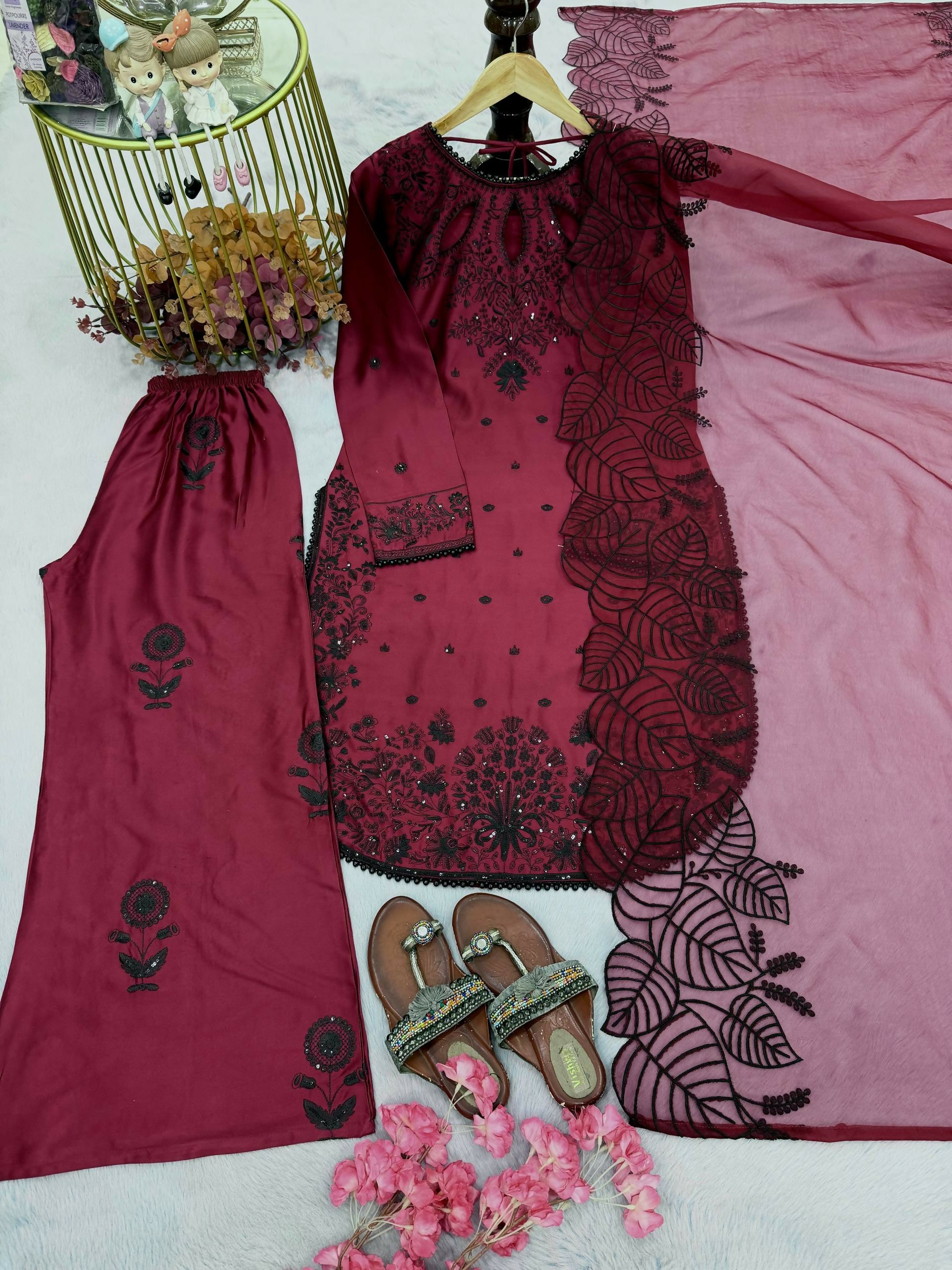 Teeya Creation Womens Trending Stylish Kurta Palazzo Set - Wine - Dista