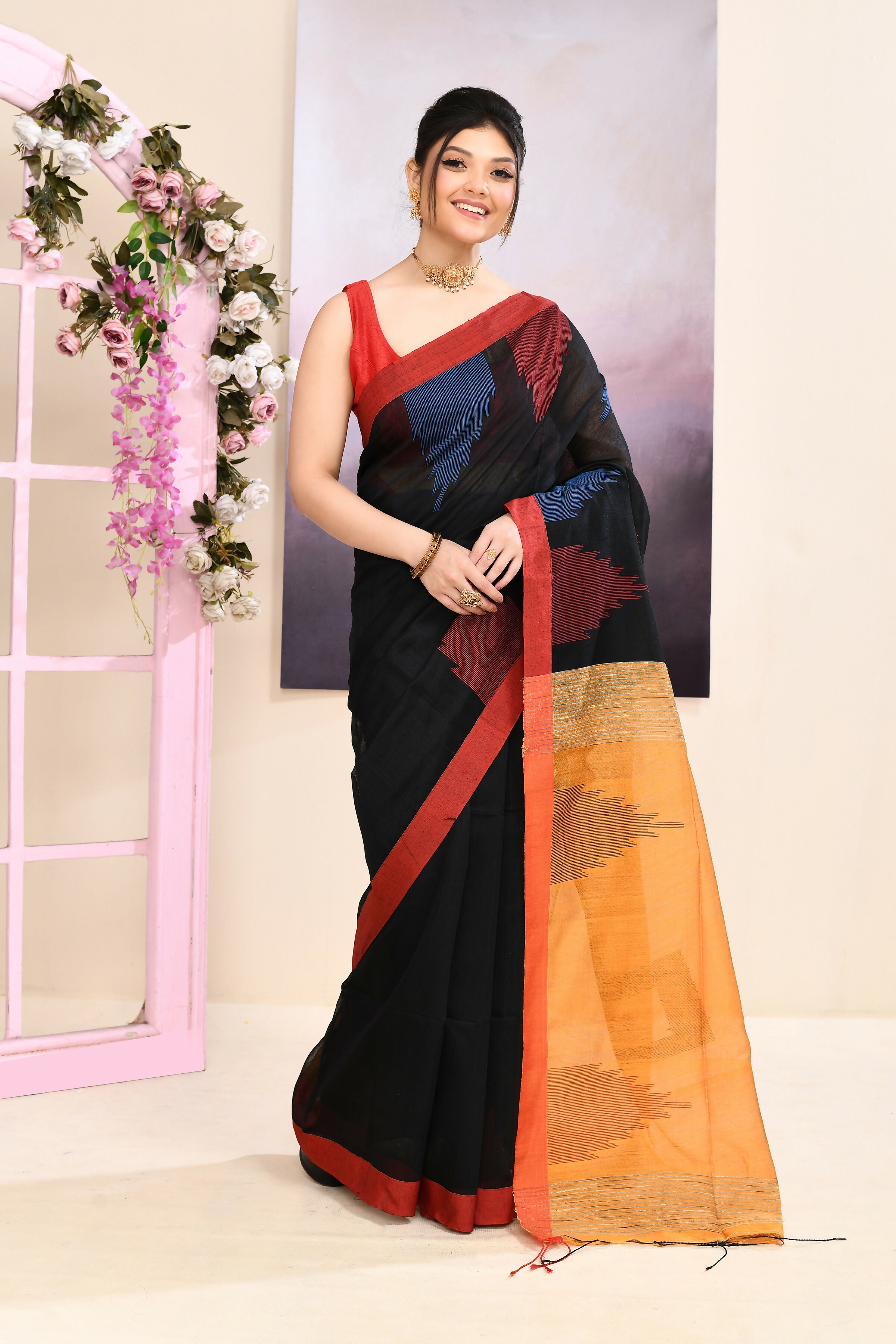 Piyari Fashion Women's Black Temple Border Embellished Cotton Blend Jamdani Saree - Dista