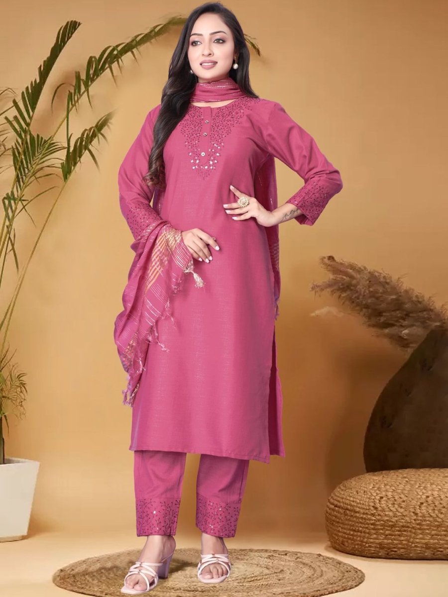 Anouk Pink Ethnic Motifs Yoke Design Sequined Straight Kurta with Trouser & Dupatta