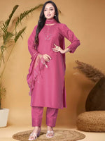 Thumbnail for Anouk Pink Ethnic Motifs Yoke Design Sequined Straight Kurta with Trouser & Dupatta