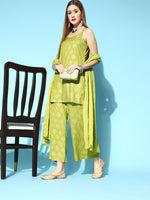 Thumbnail for Ode by House of Pataudi Lime Green & Golden Ethnic Motif Print Kurta Set - Distacart