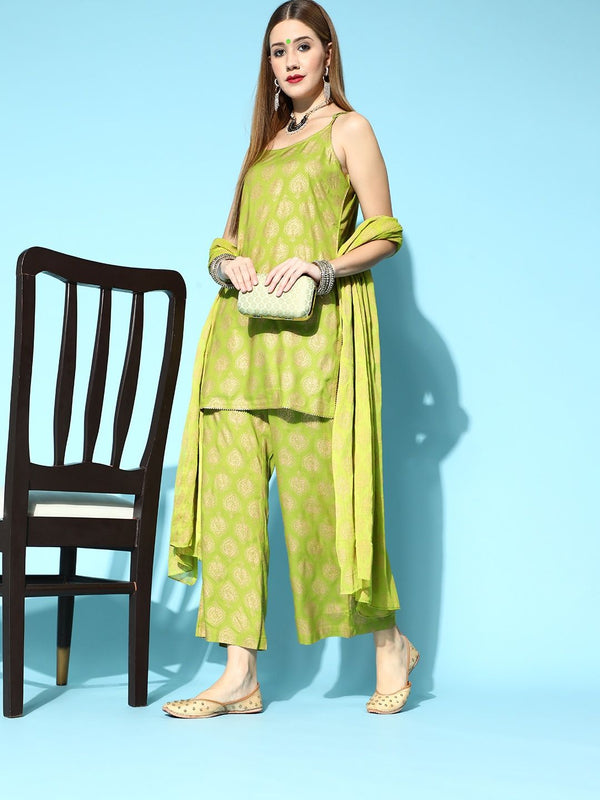 Ode by House of Pataudi Lime Green & Golden Ethnic Motif Print Kurta Set - Distacart