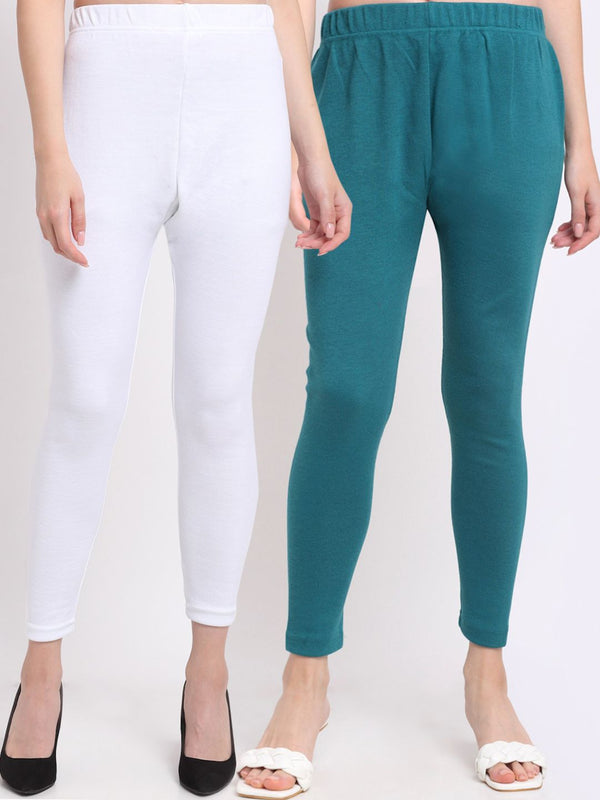 TAG 7 Women Pack Of 2 Solid Turquoise Blue & White Ankle Length Leggings - Distacart