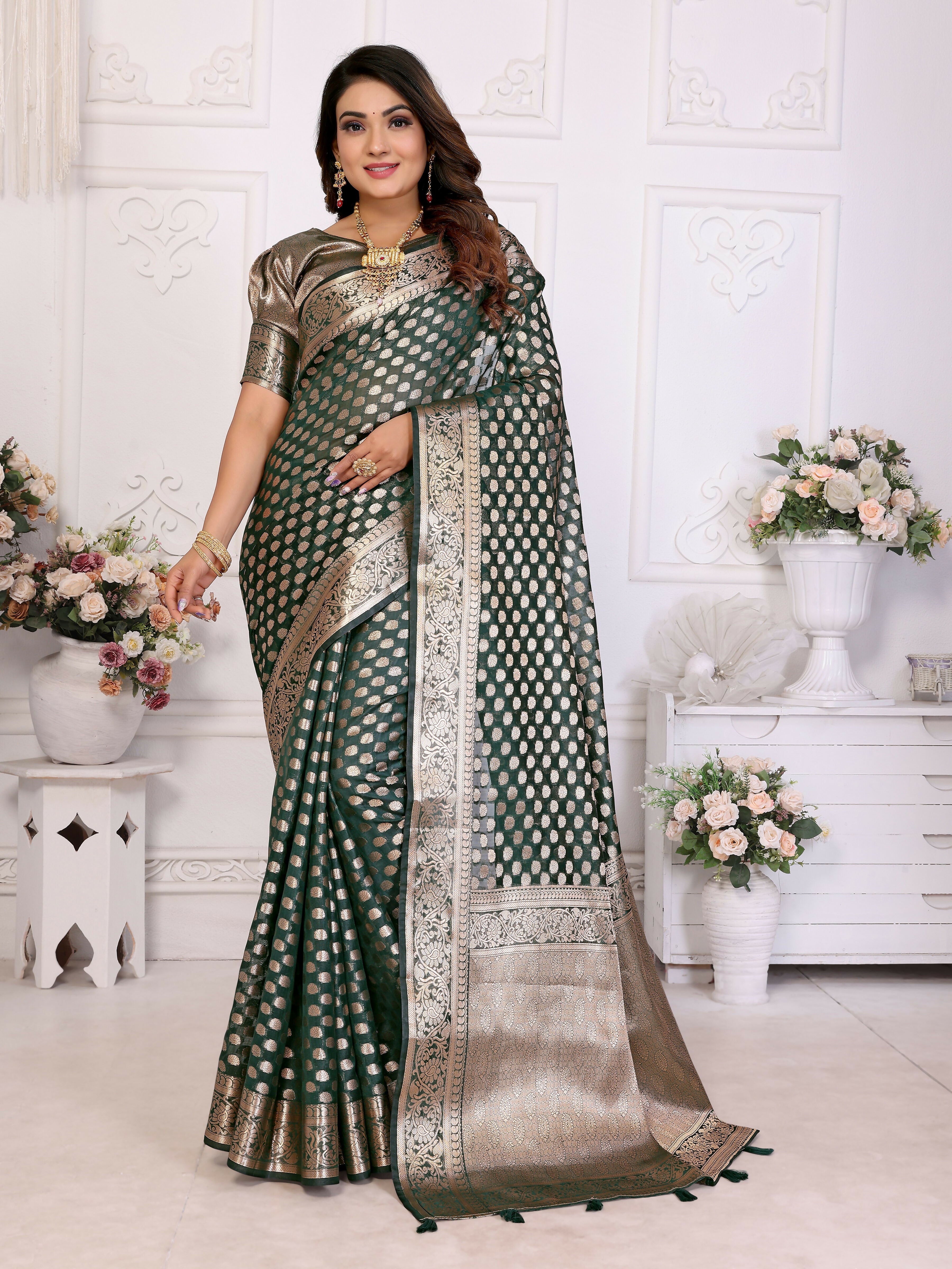 Aastha Fashion Dark Green Organza Silk Weaving Saree - Distacart