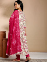 Thumbnail for Anouk Cream Floral Printed V-Neck Pure Cotton Anarkali Kurta with Trousers & Dupatta