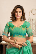 Thumbnail for Joban Fashion Teal Green Ikkat Linen Ready To Wear Saree With Unstitched Blouse - Distacart