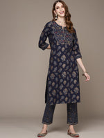 Thumbnail for Anubhutee Women Navy Blue Ethnic Motifs Printed Pure Cotton Kurta with Trousers - Distacart