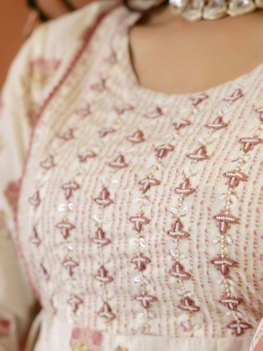 Anouk Women Floral Embroidered Empire Beads and Stones Pure Cotton Kurta with Trousers & With Dupatta - Distacart