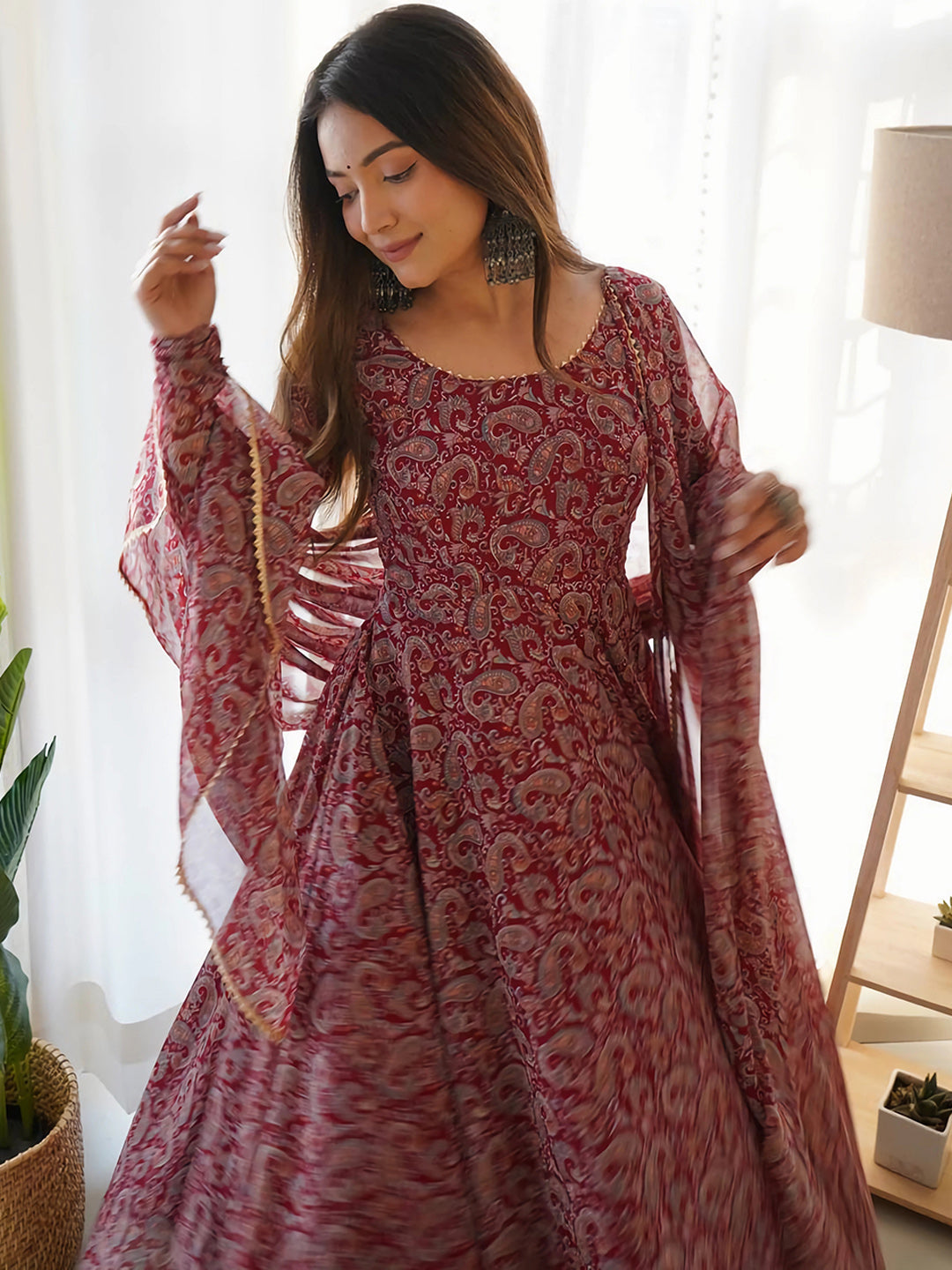 Kalini Paisley Printed Gotta Patti Anarkali Kurta with Trousers & With Dupatta - Distacart