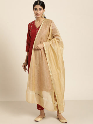 All About You Women Maroon & Golden Embroidered Regular Kurta with Trousers & Dupatta - Distacart