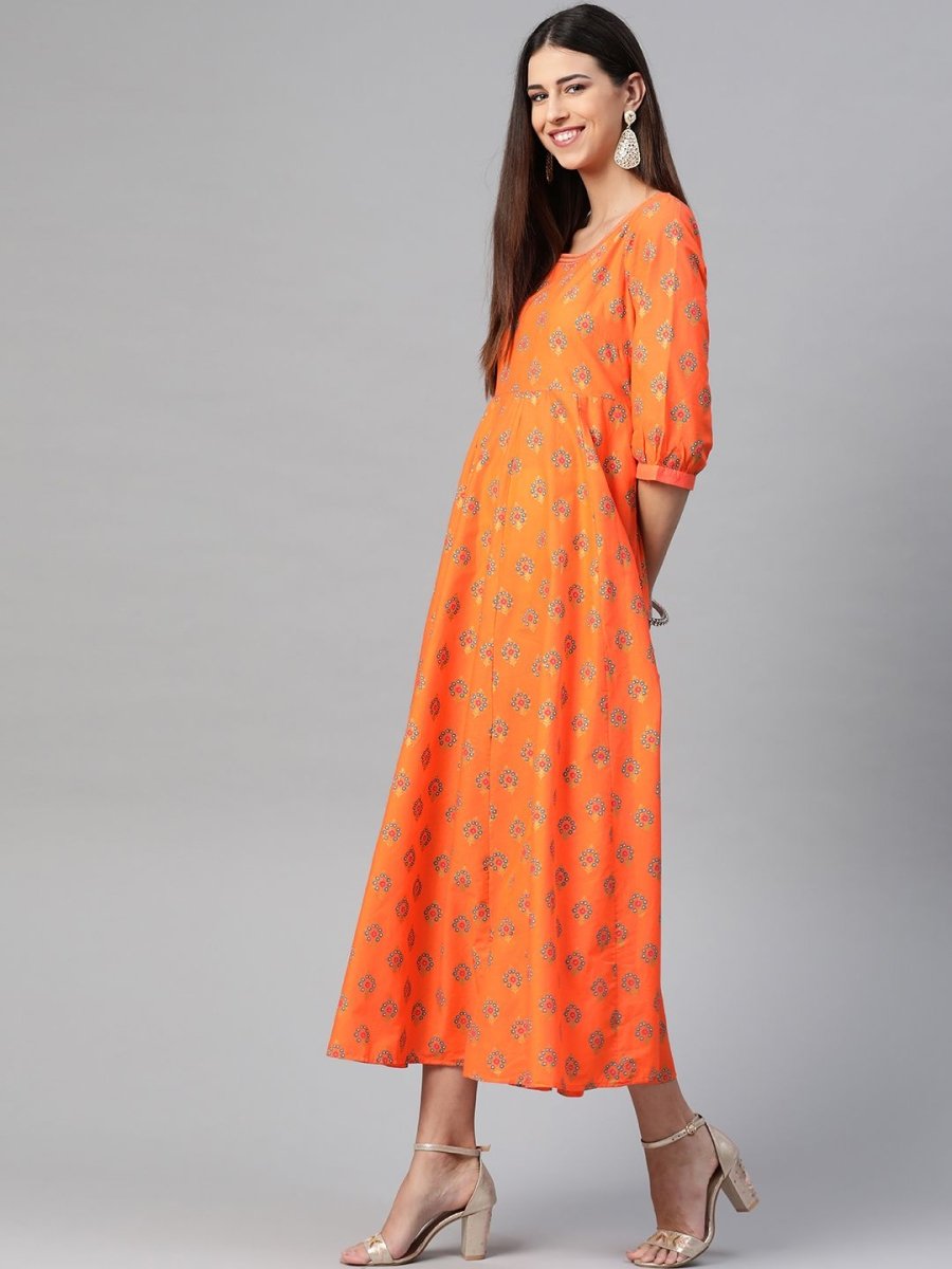 AURELIA Orange & Blue Floral Pure Cotton Ethnic A-Line Midi Dress