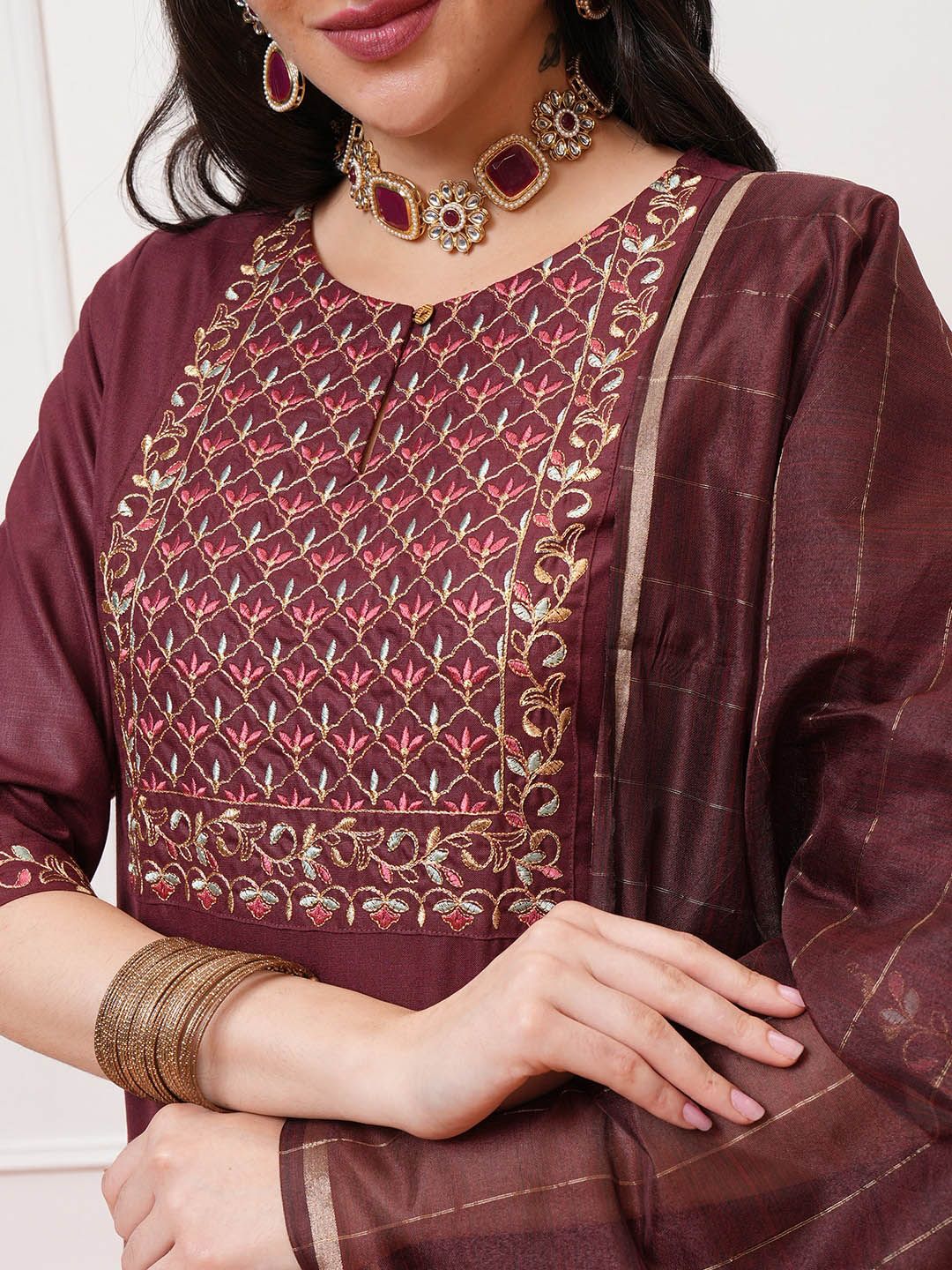Vishudh Burgundy Ethnic Motifs Yoke Design Thread Work Kurta with Palazzo & Dupatta - Distacart